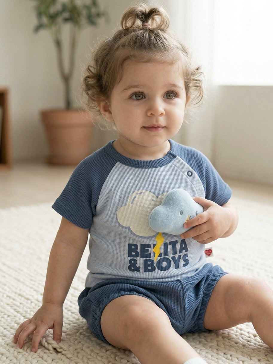 [BABY SET] Light Blue Cloud Color Block Waffle Shorts