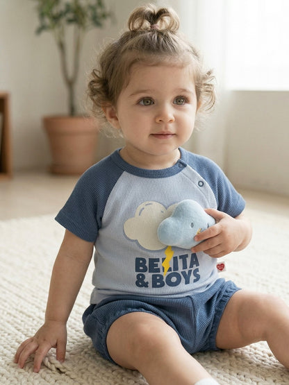 [BABY SET] Light Blue Cloud Color Block Waffle Shorts
