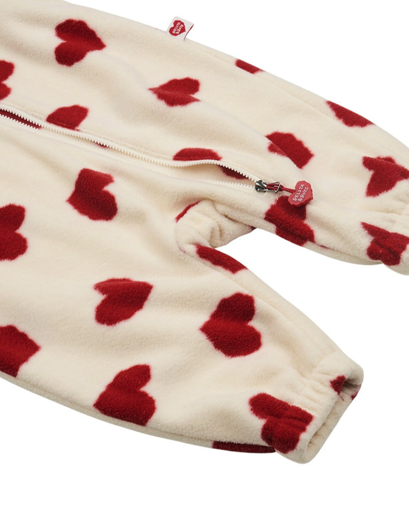 BABY Red BB Heart Pattern Fleece Hooded Jumpsuit