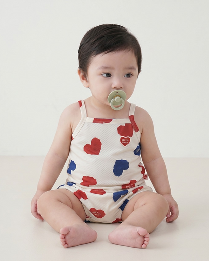 [BABY SET] Ivory Red Blue Heart Pattern Mesh Sleeveless Shorts