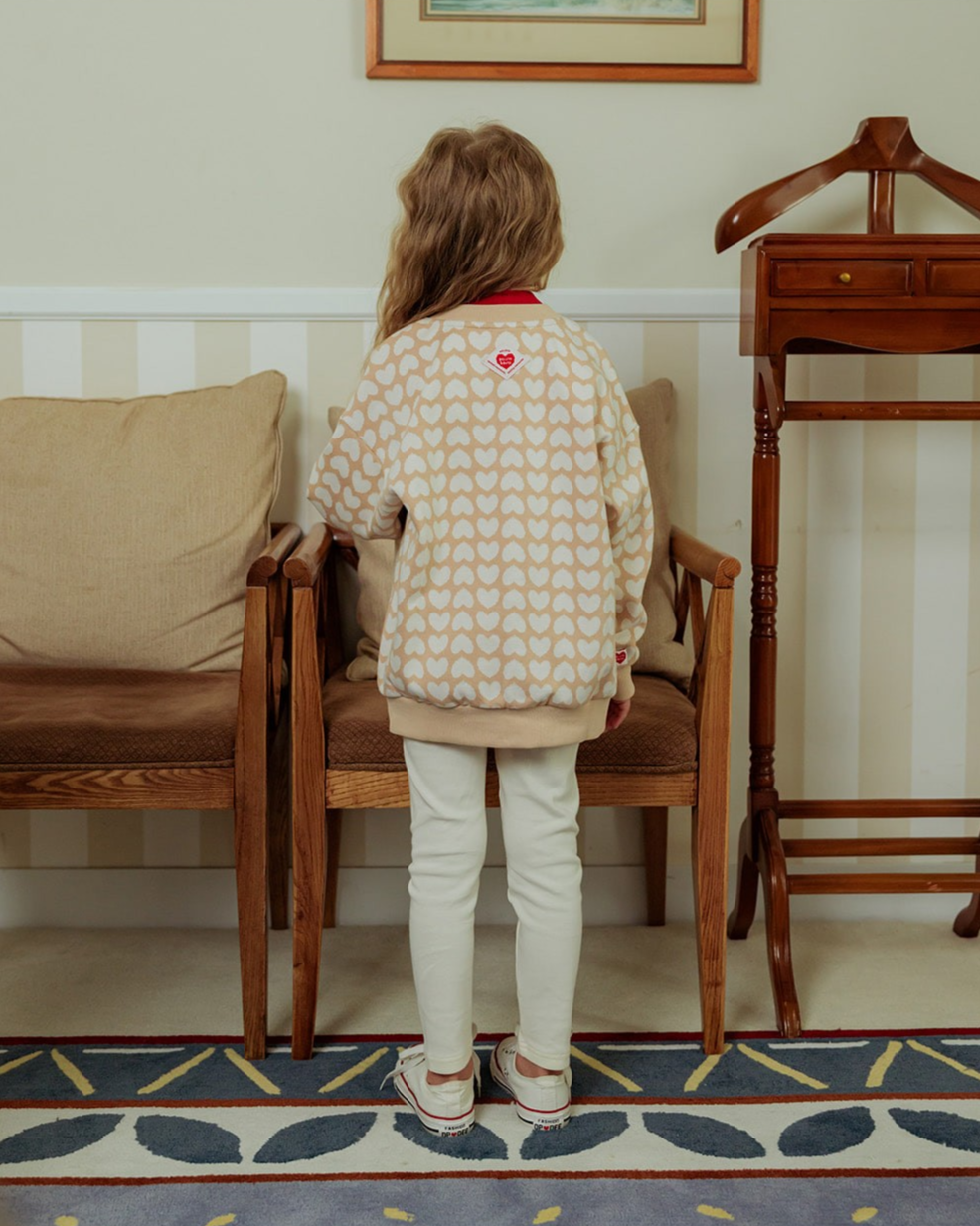 Beige Grid BB Heart Pattern Knit Cardigan