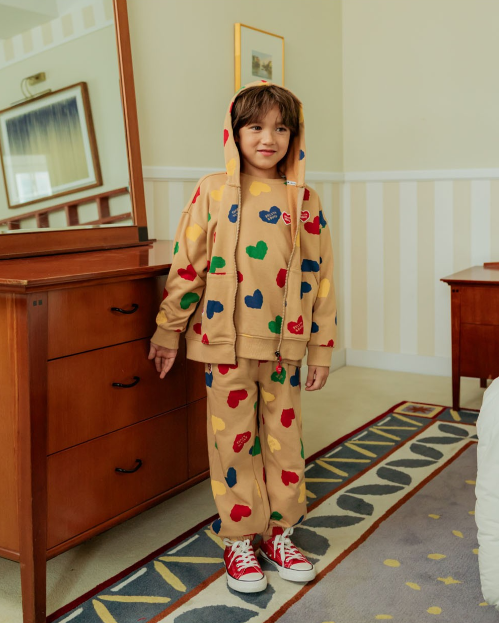 Camel BB Color Heart Pattern Zip Up Hood