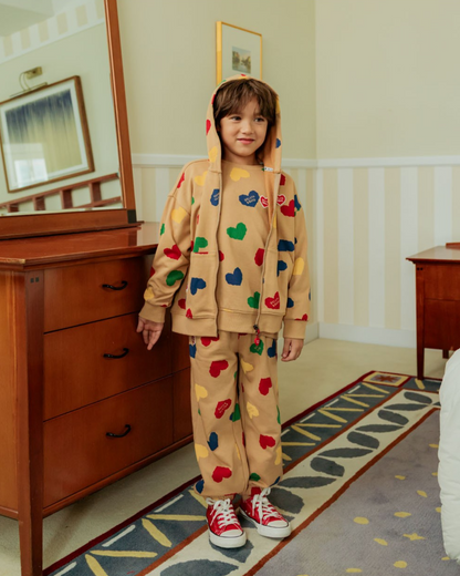 Camel BB Color Heart Pattern Zip Up Hood