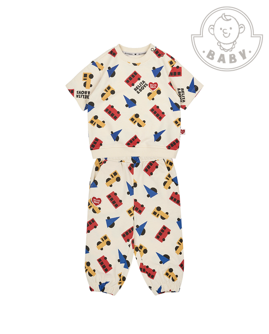 [BABY SET] Cream Bus and Truck Pattern Jogger