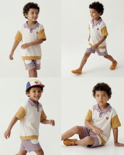 Cream BB Heart Color Block Waffle Collar Shirt