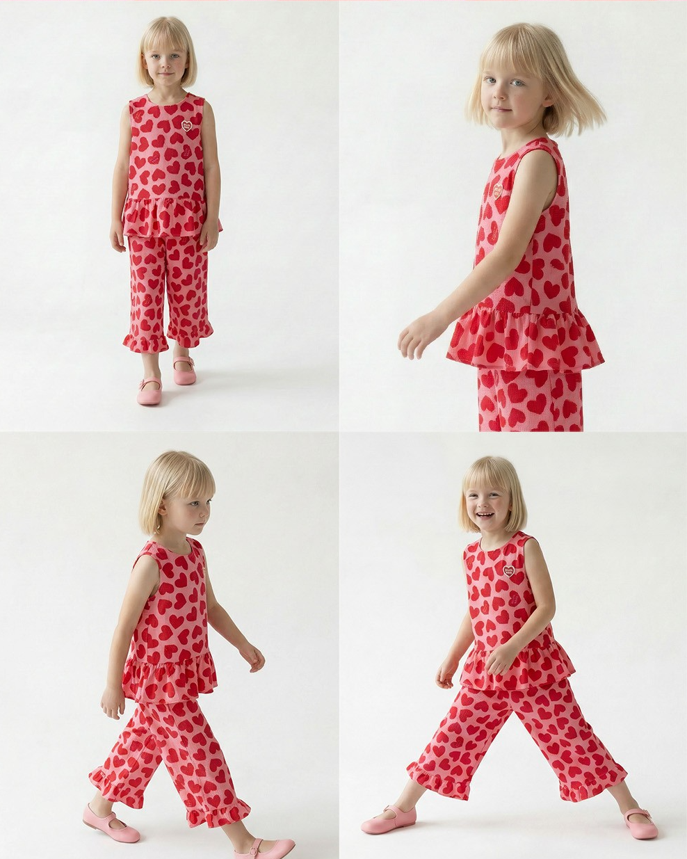 [GIRL SET] Pink BB Heart Pattern Polysucker Blouse & Shorts