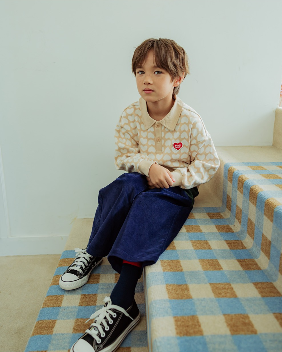 Beige Grid BB Heart Pattern Collar Knit Sweater