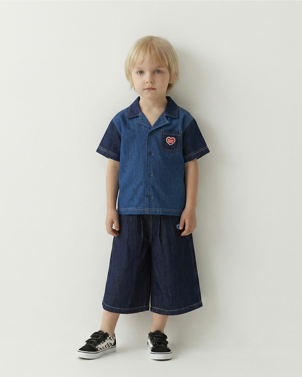 Navy BB Heart Two-Pleat Wide Denim Bermuda Pants