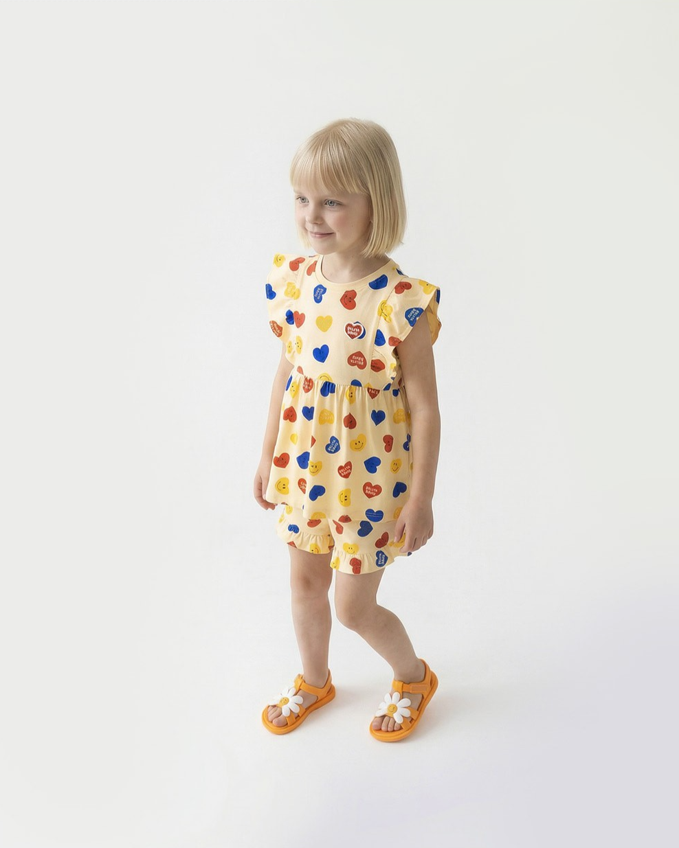[GIRL SET] Light Yellow Smile Heart Pattern Blouse & Shorts