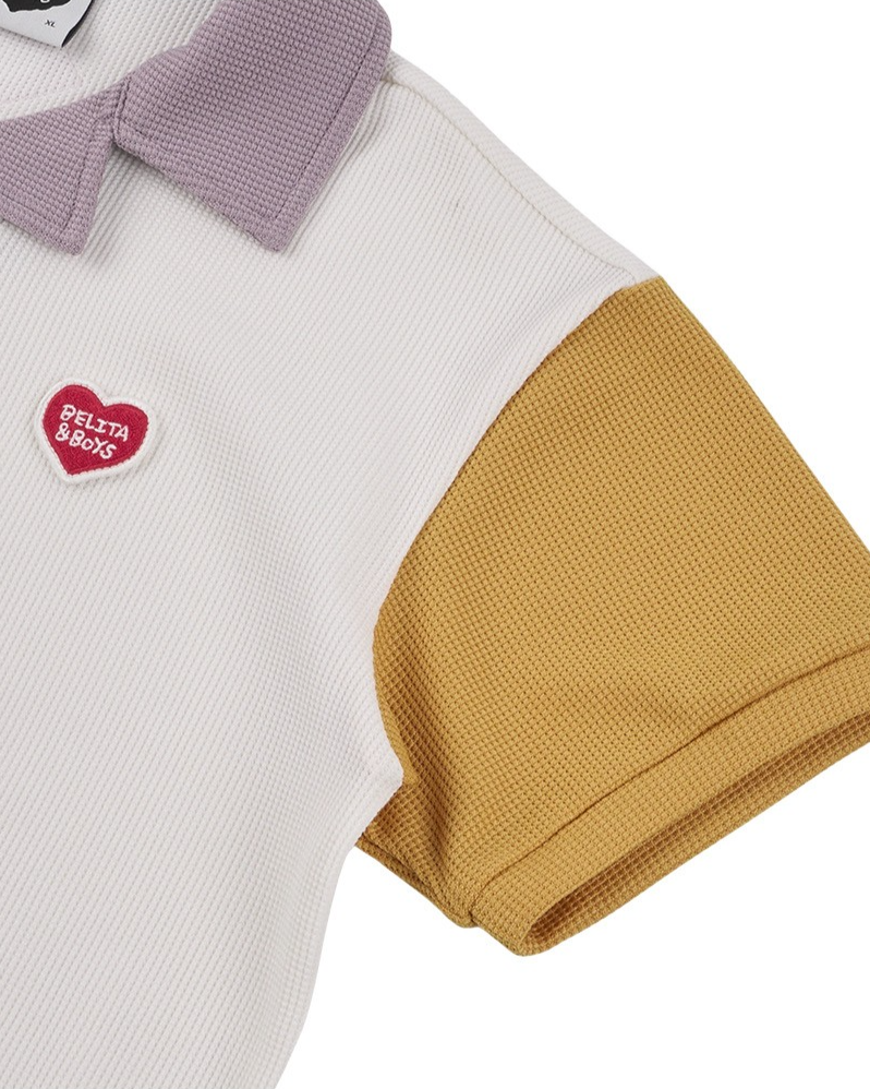 Cream BB Heart Color Block Waffle Collar Shirt