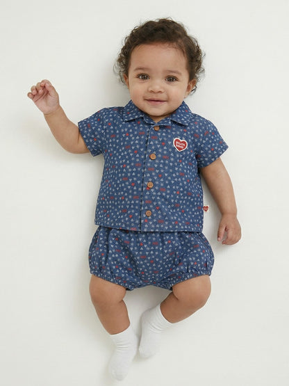 [BABY SET] Blue BB Heart All-Over Denim Shirt & Shorts
