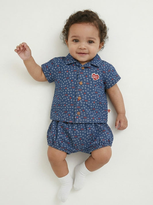 [BABY SET] Blue BB Heart All-Over Denim Shirt & Shorts