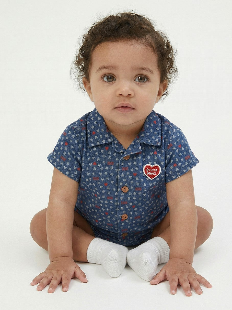 [BABY SET] Blue BB Heart All-Over Denim Shirt & Shorts