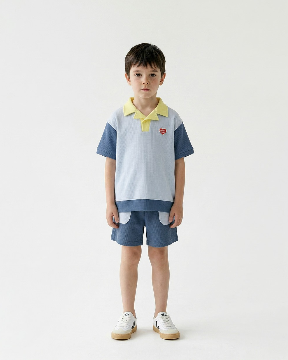 Light Blue BB Heart Color Block Waffle Collar Shirt