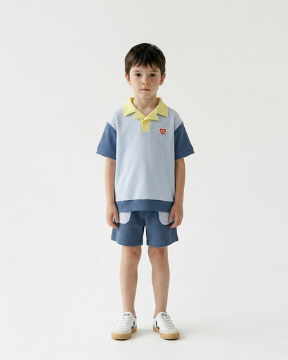 Light Blue BB Heart Color Block Waffle Collar Shirt