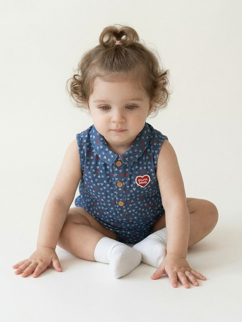 BABY Blue BB Heart All-Over Denim Sleeveless Bodysuit