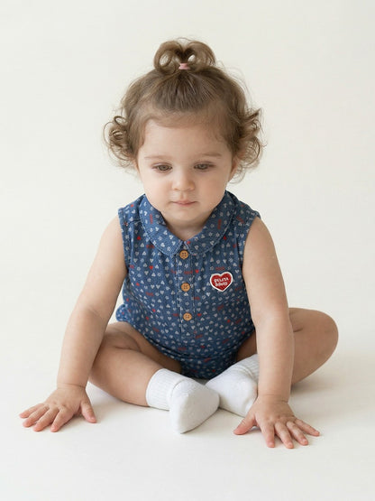 BABY Blue BB Heart All-Over Denim Sleeveless Bodysuit
