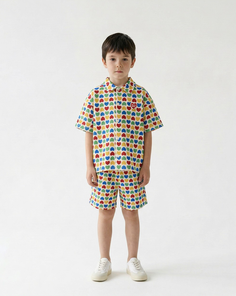 [SET] Cream Rainbow Heart Polysucker Shirt & Shorts
