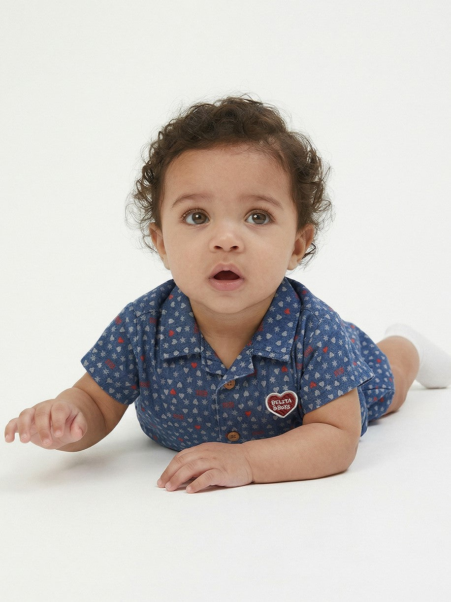 [BABY SET] Blue BB Heart All-Over Denim Shirt & Shorts