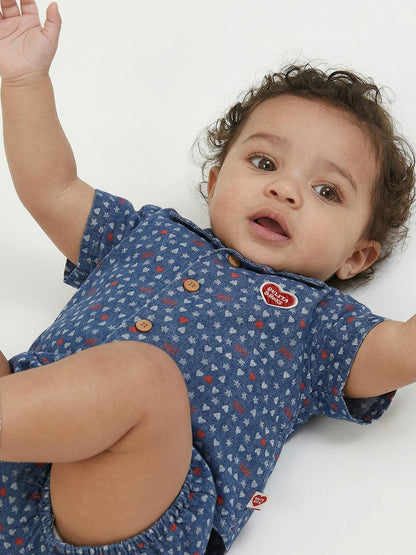 [BABY SET] Blue BB Heart All-Over Denim Shirt & Shorts