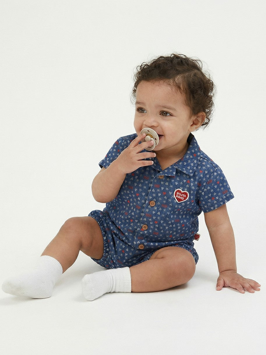 [BABY SET] Blue BB Heart All-Over Denim Shirt & Shorts