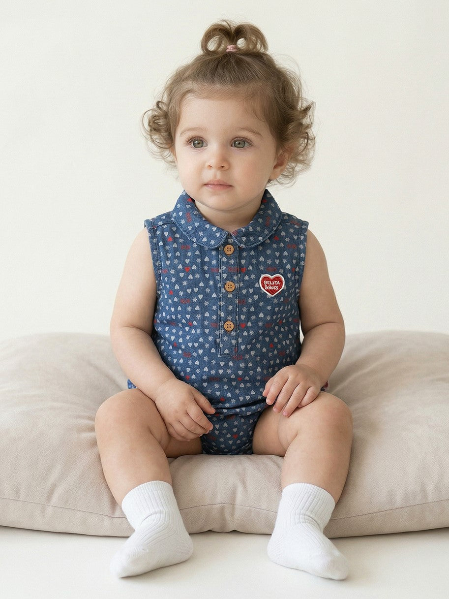 BABY Blue BB Heart All-Over Denim Sleeveless Bodysuit