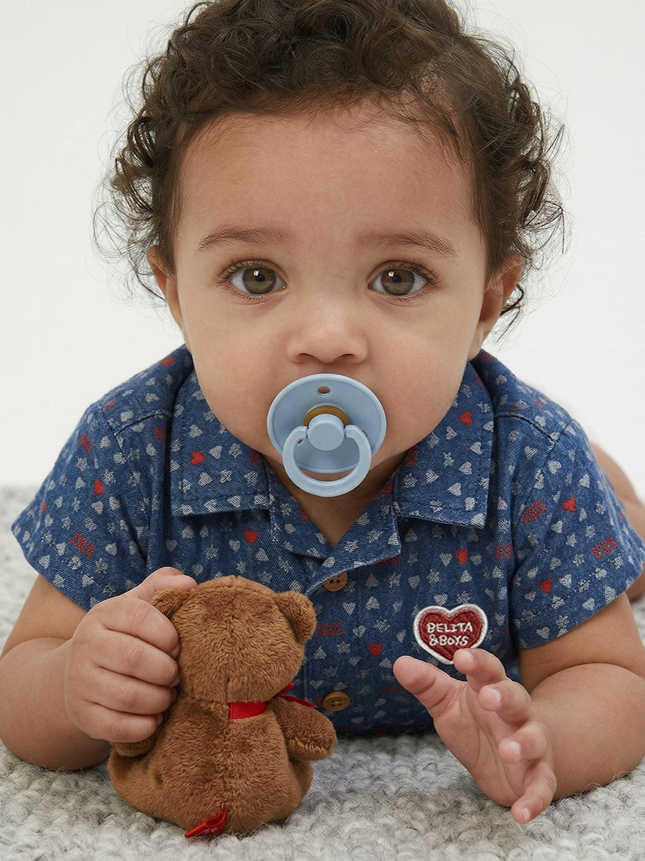 [BABY SET] Blue BB Heart All-Over Denim Shirt & Shorts