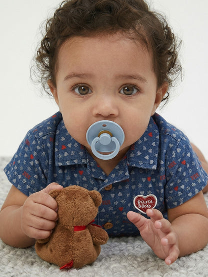 [BABY SET] Blue BB Heart All-Over Denim Shirt & Shorts
