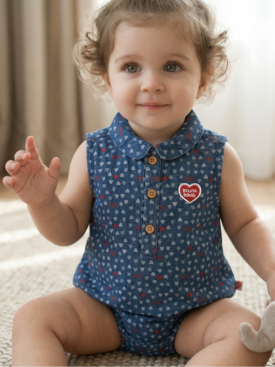 BABY Blue BB Heart All-Over Denim Sleeveless Bodysuit