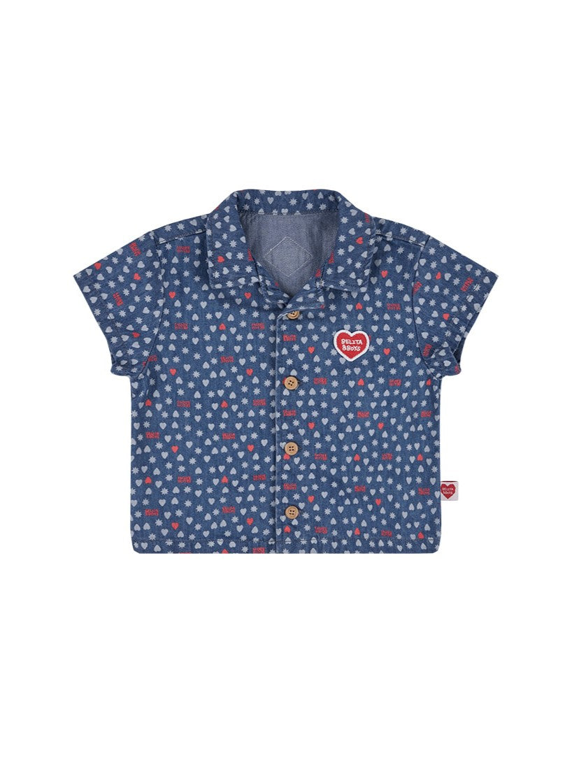 [BABY SET] Blue BB Heart All-Over Denim Shirt & Shorts