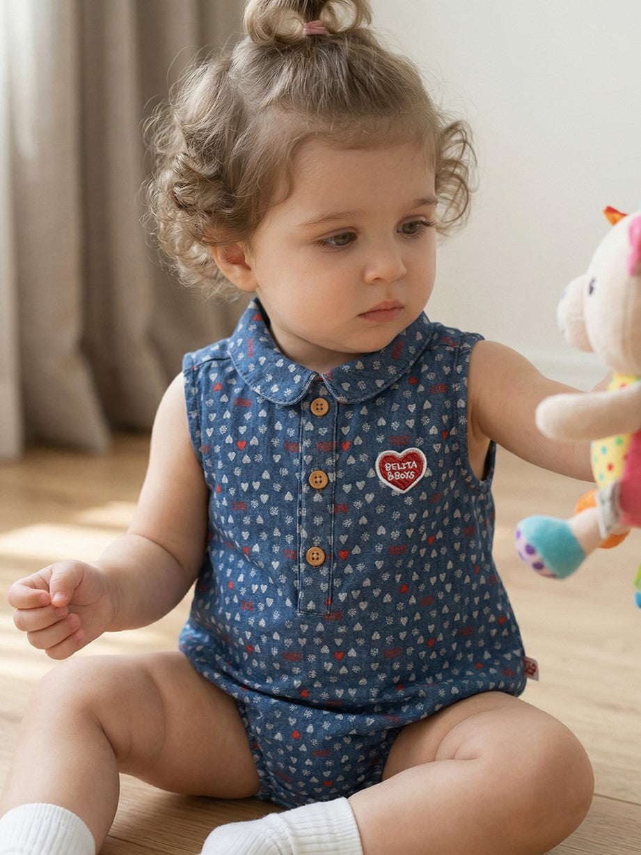 BABY Blue BB Heart All-Over Denim Sleeveless Bodysuit
