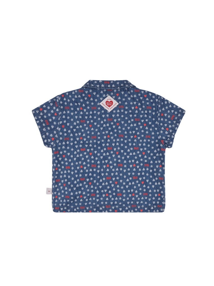 [BABY SET] Blue BB Heart All-Over Denim Shirt & Shorts