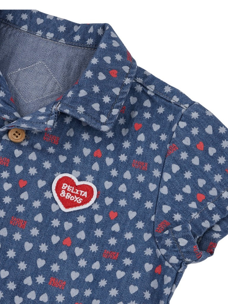 [BABY SET] Blue BB Heart All-Over Denim Shirt & Shorts