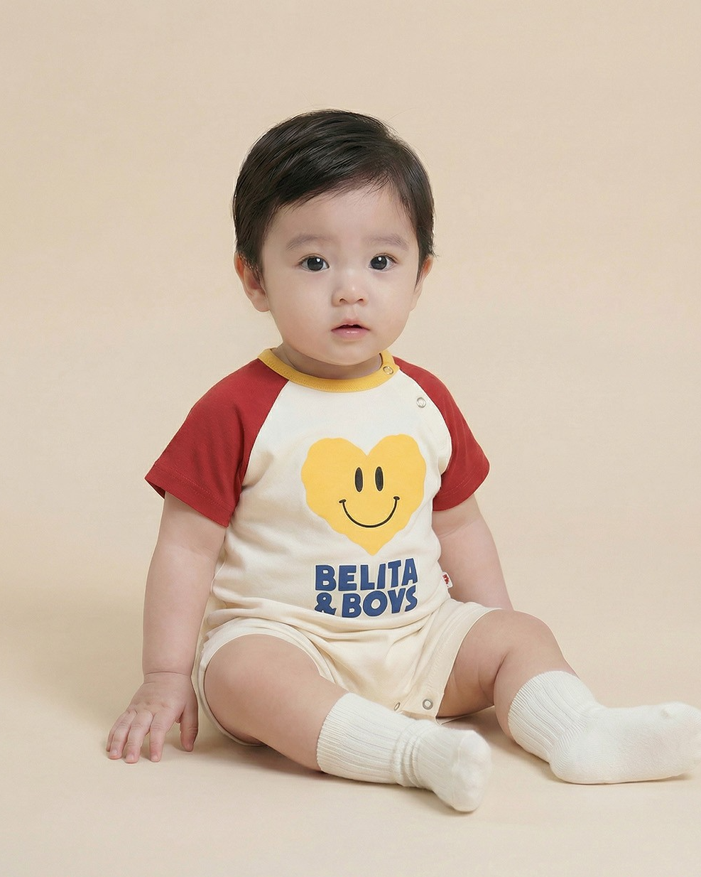 BABY Red Smile Heart Color Block Short Jumpsuit