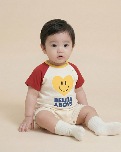 BABY Red Smile Heart Color Block Short Jumpsuit