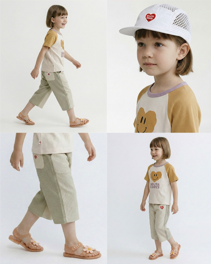Light Beige BB Heart Color Block Polysucker Crop Pants