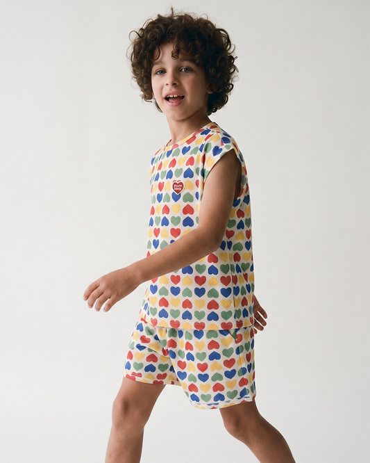 [SET] Cream Rainbow Heart Mesh Sleeveless Shorts