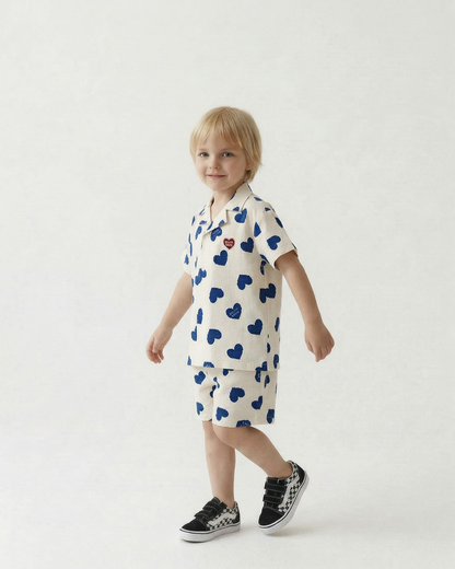 [SET] Blue Heart Pattern Polysucker Shirt & Shorts
