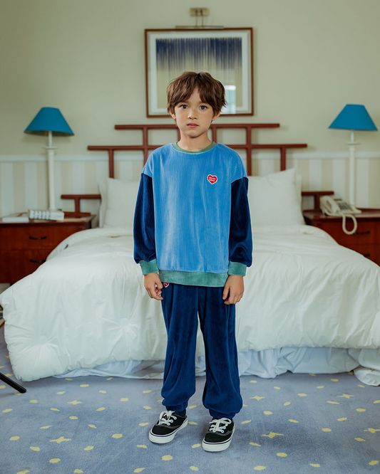 [SET] Light Blue BB Heart Color Block Velour Jogger