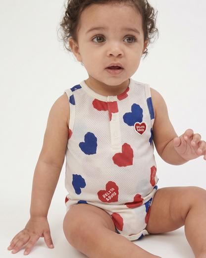 BABY Ivory Red Blue Heart Pattern Mesh Sleeveless Bodysuit