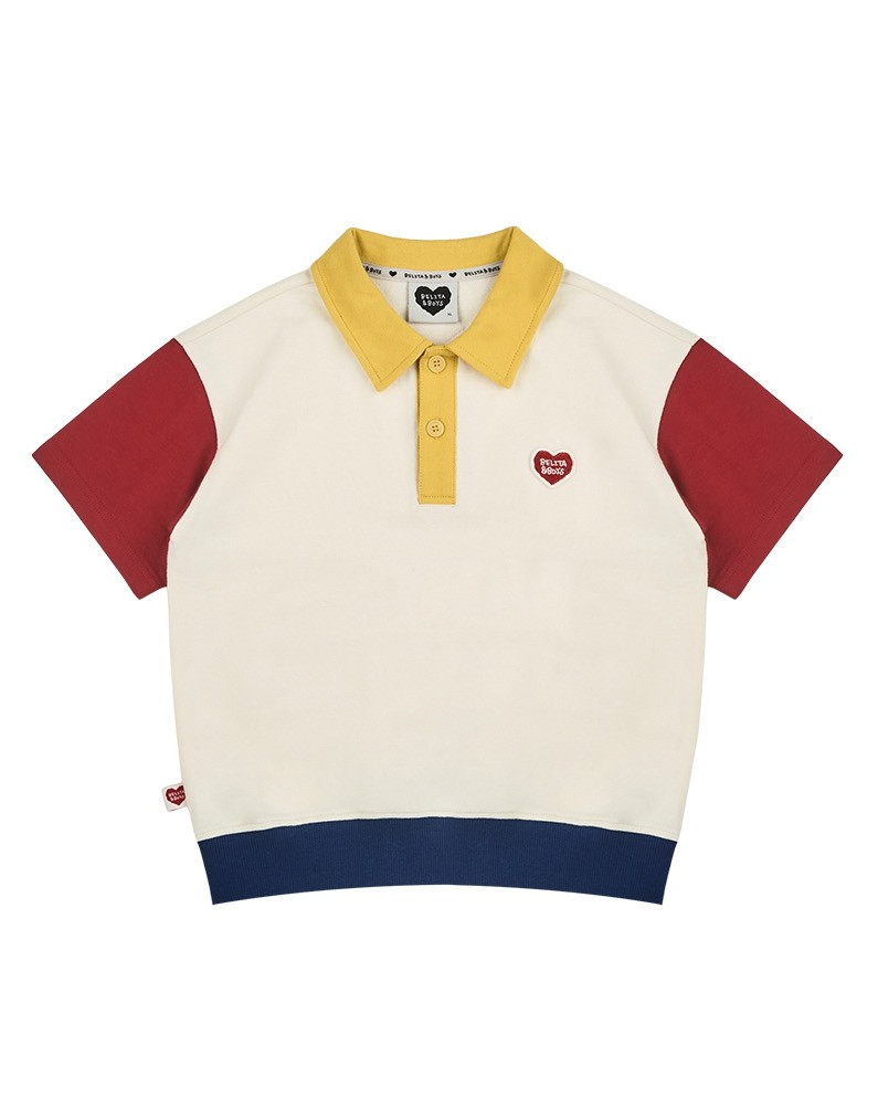 [SET] Cream BB Heart Color Block Collar & Crop