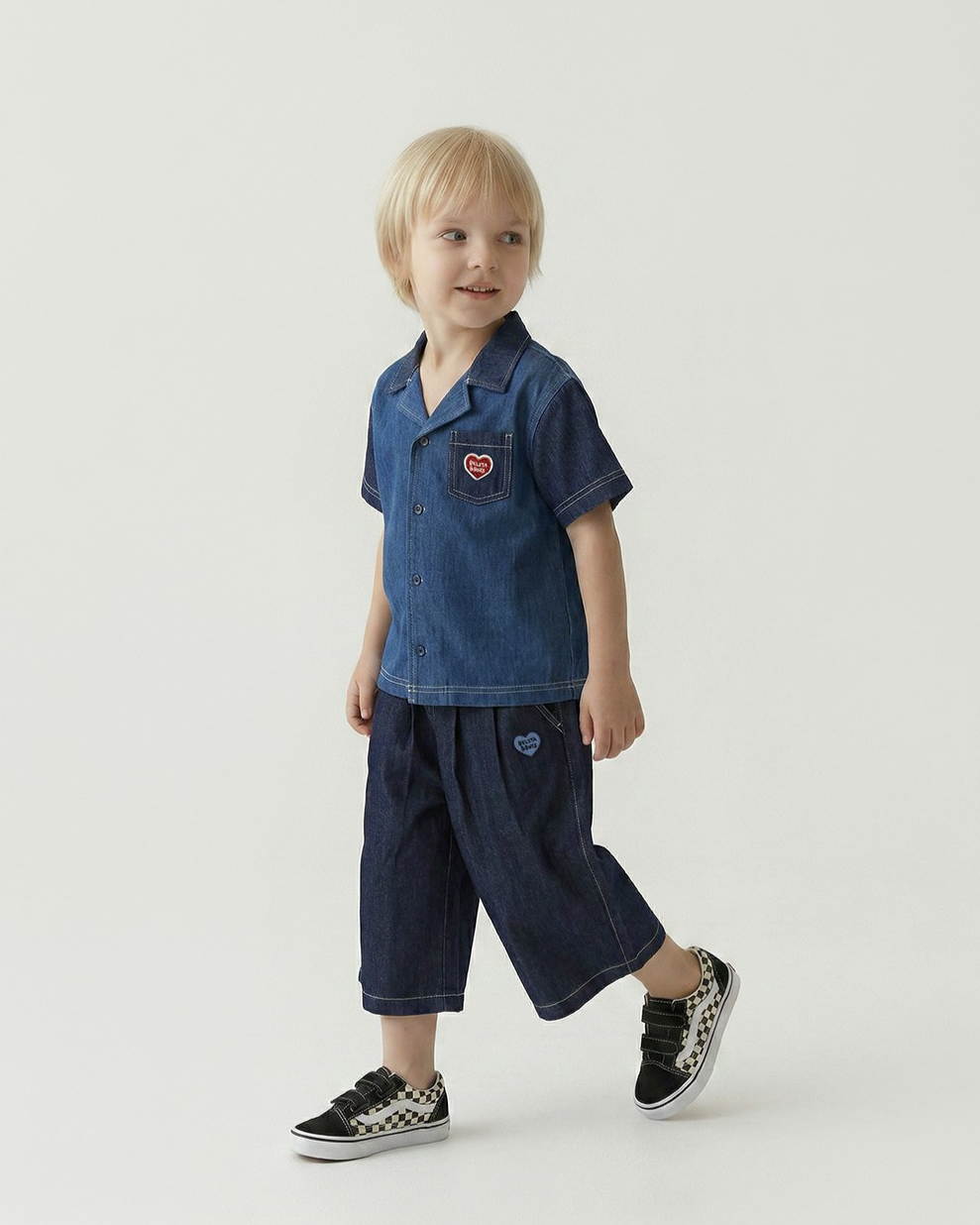 Navy BB Heart Two-Pleat Wide Denim Bermuda Pants