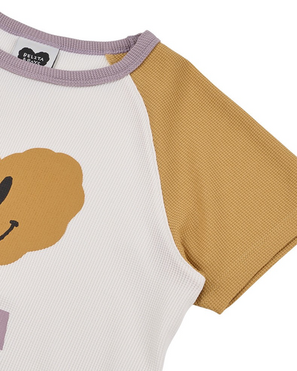 Cream Smile Heart Color Block Waffle Short Sleeve