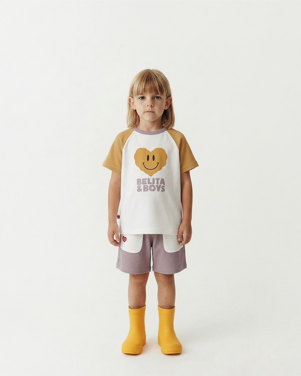 Cream Smile Heart Color Block Waffle Short Sleeve