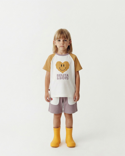 Cream Smile Heart Color Block Waffle Short Sleeve