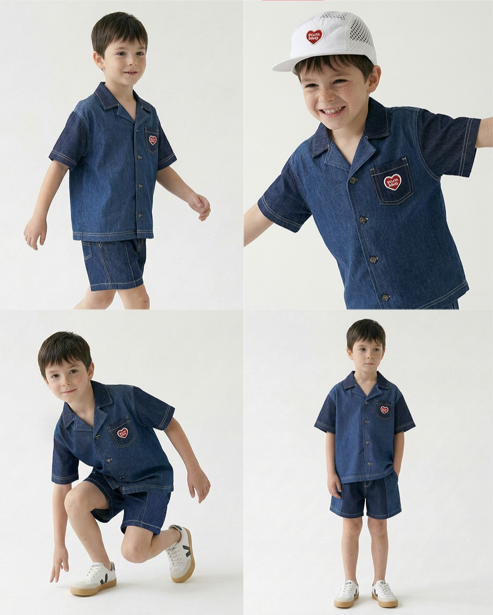 Dark Blue Color Block Denim Short Sleeve Shirt