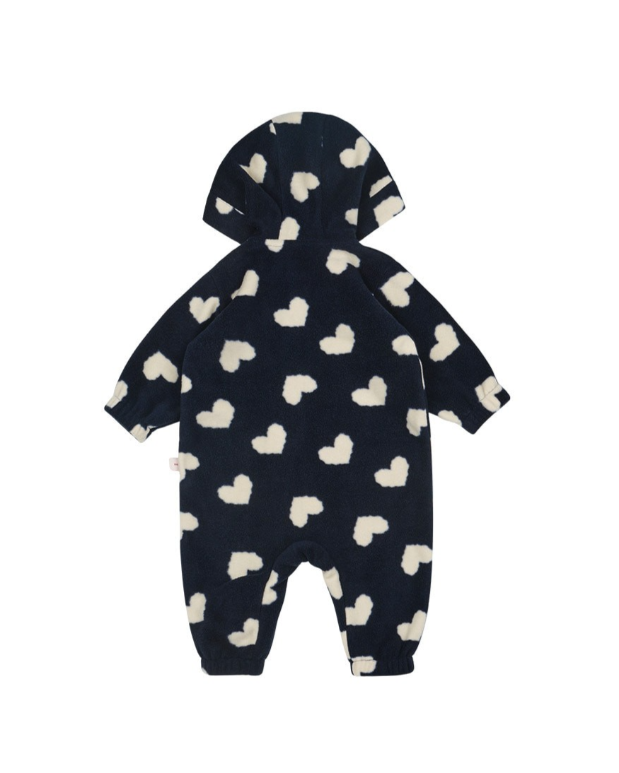 BABY Navy BB Heart Pattern Fleece Hooded Jumpsuit