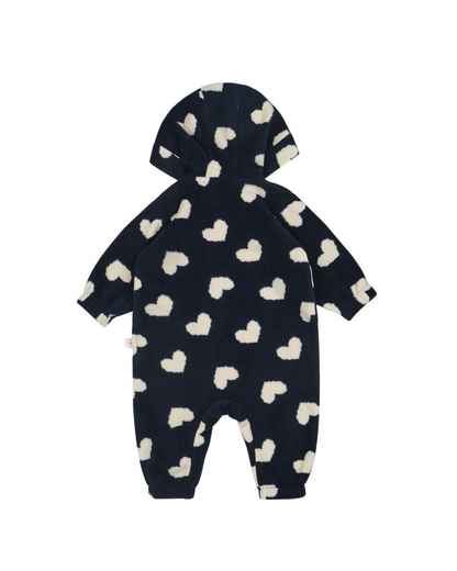 BABY Navy BB Heart Pattern Fleece Hooded Jumpsuit