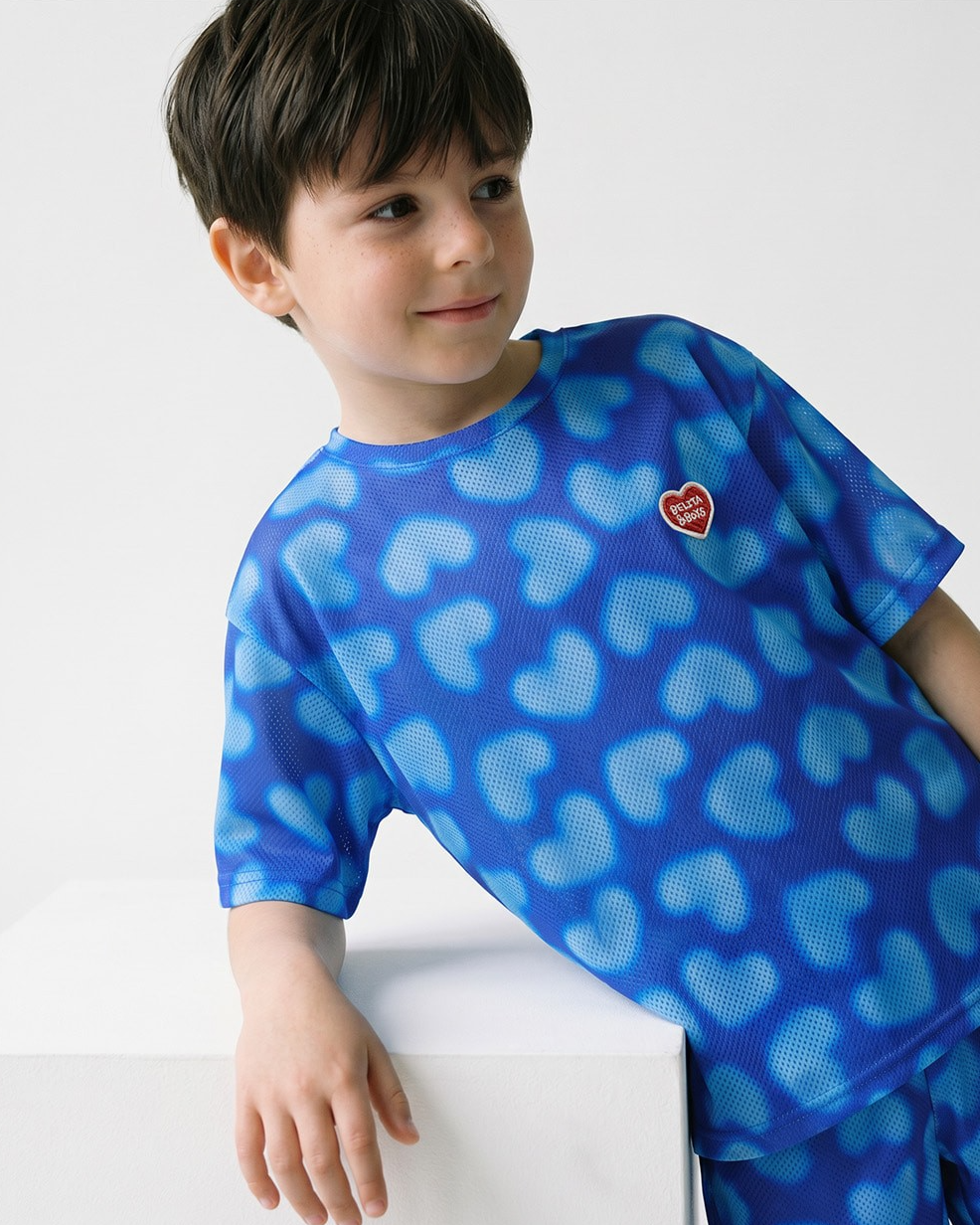 [SET] Blue Water Dye Heart Pattern Mesh Shorts