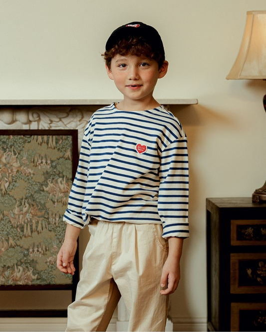 Blue Stripe BB Heart Boat Neck Long Sleeve